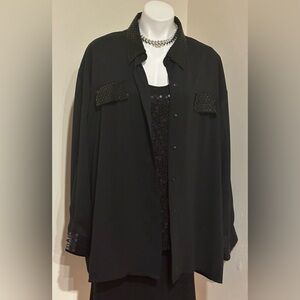 JORDAN II Black Sequence  & sheer Top & Button Down Set Formal Blouse Sz 24W/ 44